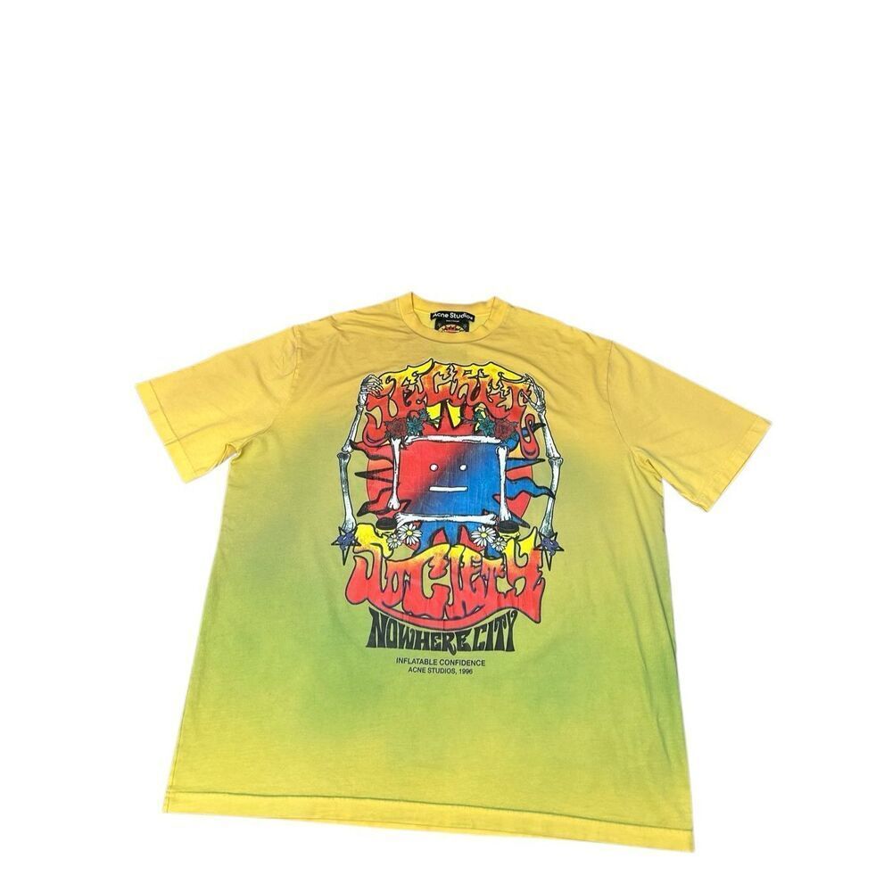 $340 Acne Studios Enrik Grateful Sun Oversized Face T-Shirt in Yellow  S/M